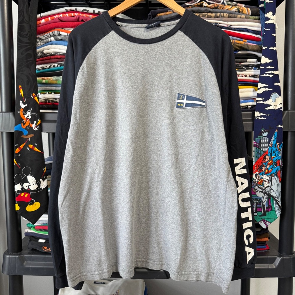 Vintage Grey And Black Nautica Raglan Long Sleeve Shirt XL Light Cracking